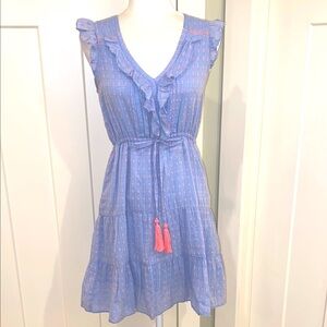 Blue Tiered Ruffle V-Neck Dress with Tassel Tie